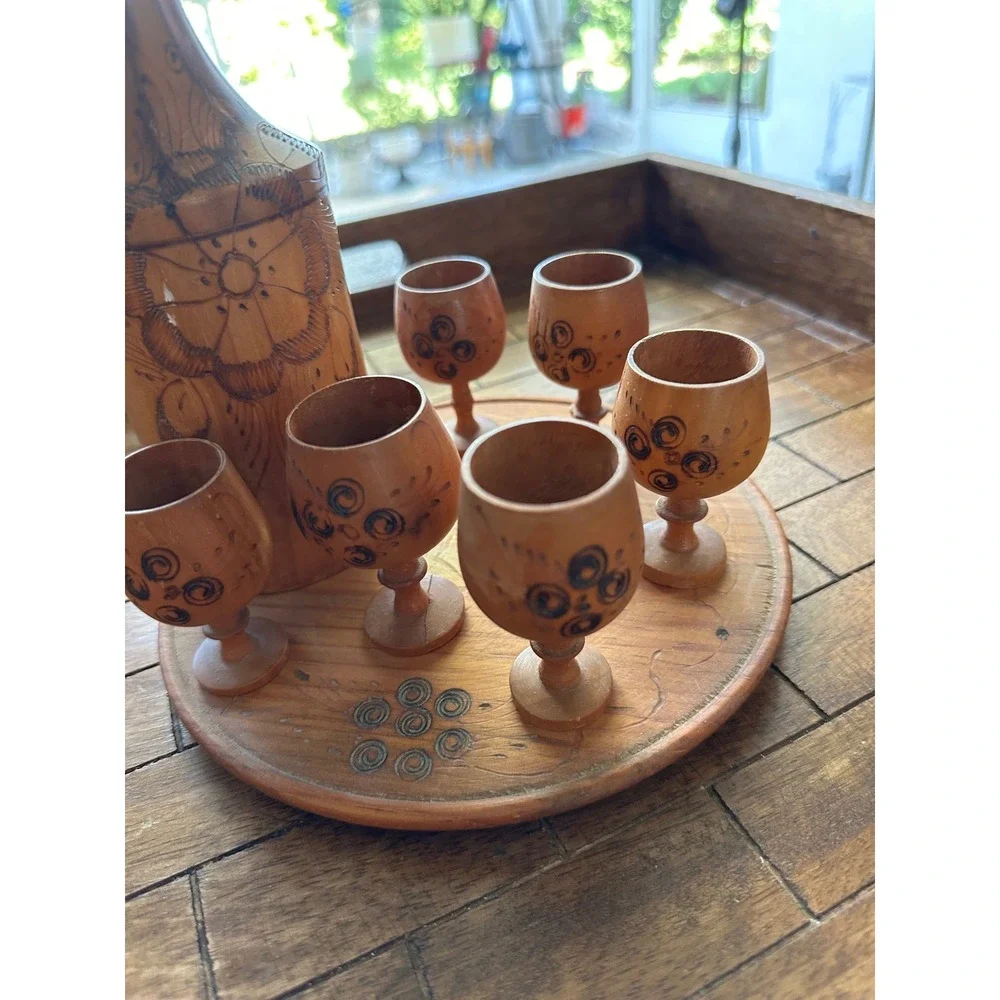 Vintage Hand Carved Wood Decanter Set 6 Goblets Tray Wood Burned Floral Folk Art